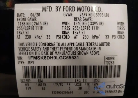 2020 Ford Explorer Xlt z USA, uszkodzony, nr VIN 1FMSK8DH9LGC55531